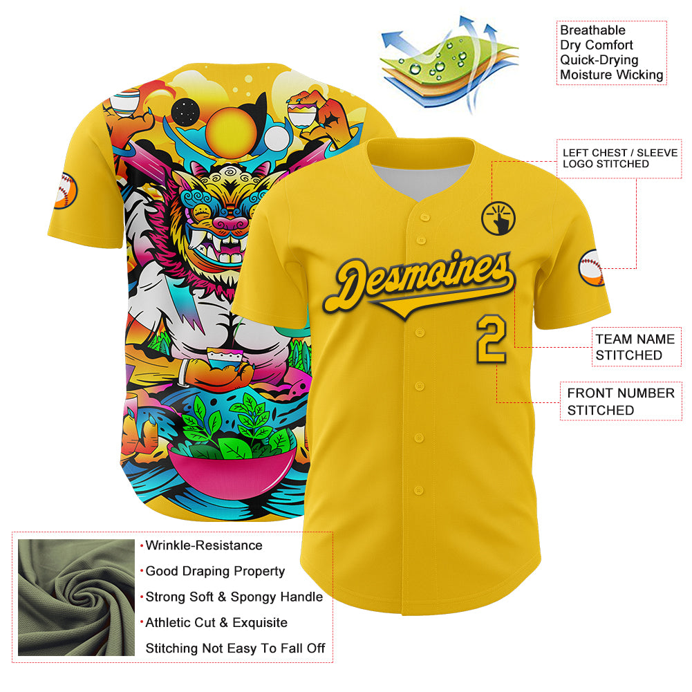 Custom Yellow Black 3D Geo Law Feast God Deities Authentic Baseball Jersey