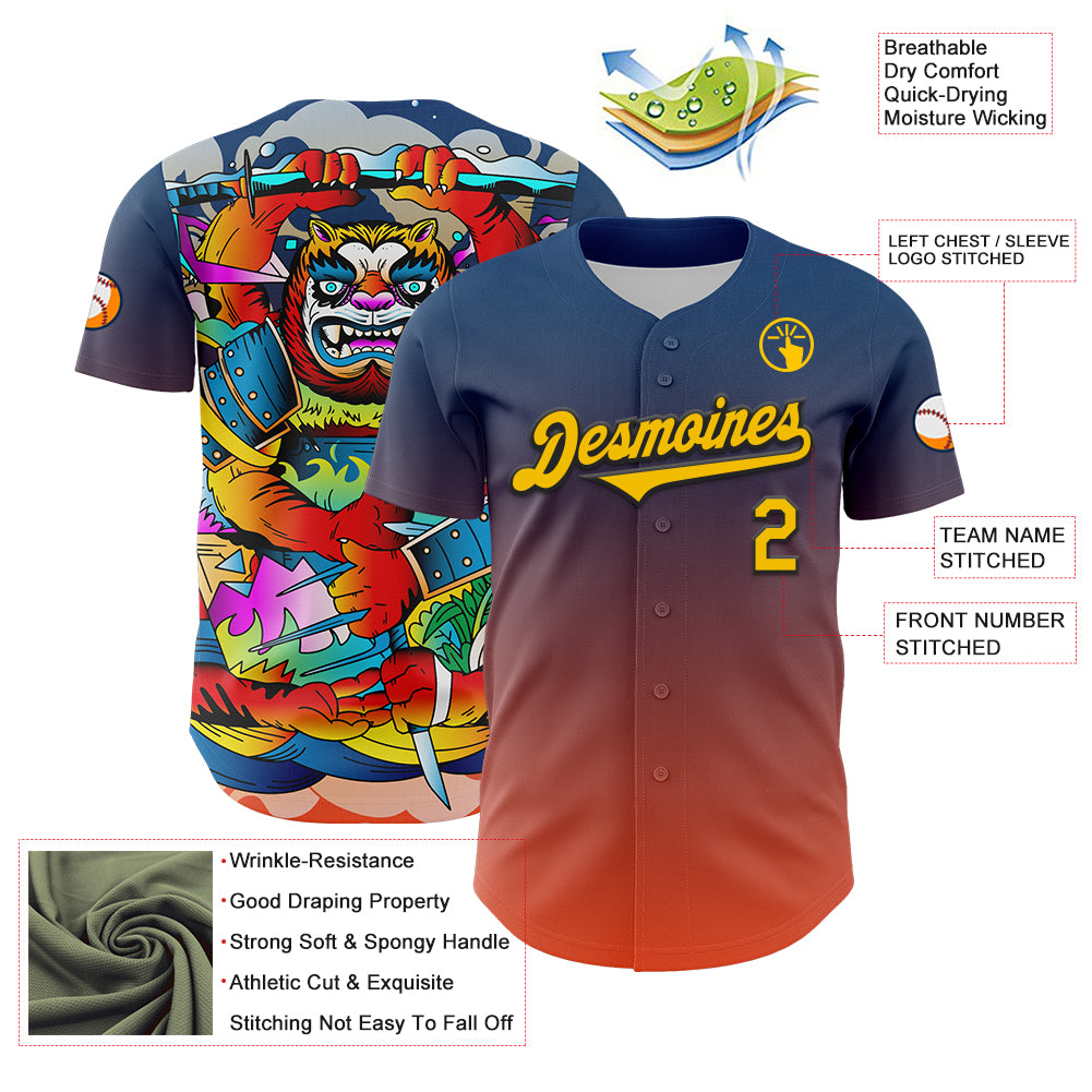 Custom Blue Yellow Orange-Black 3D Geo Law Tiger Ronin Deities Authentic Baseball Jersey