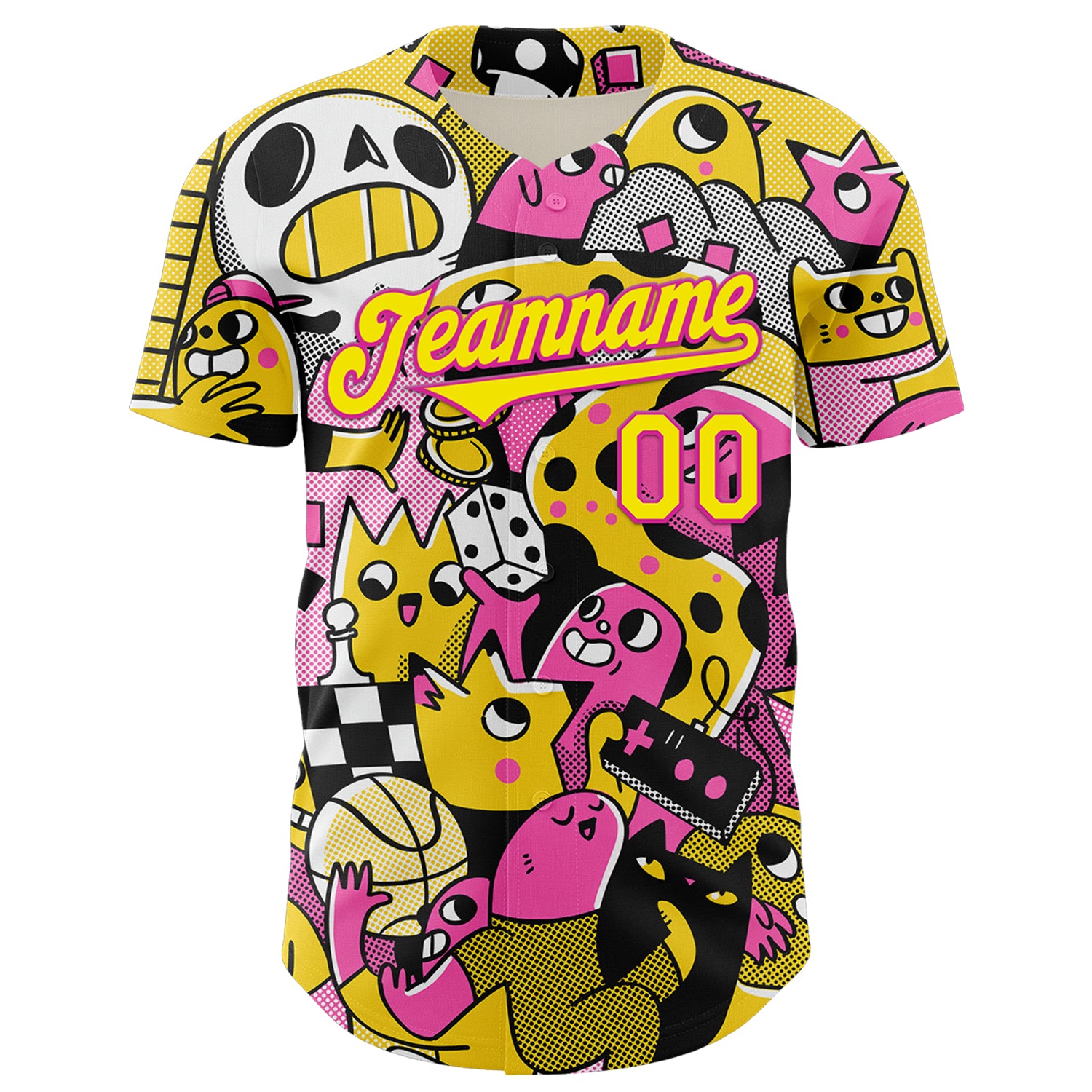 Custom Black Light Yellow-Deep Pink 3D Geo Law Play Time Authentic Baseball Jersey