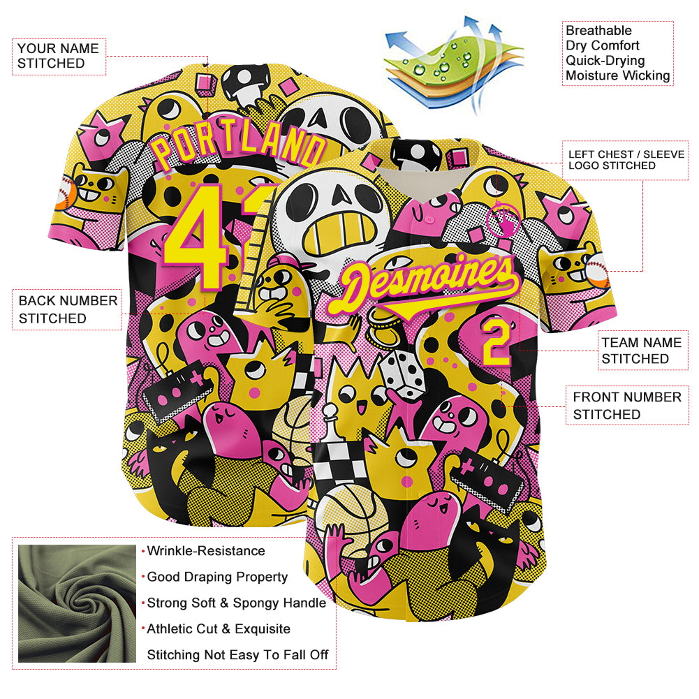 Custom Black Light Yellow-Deep Pink 3D Geo Law Play Time Authentic Baseball Jersey