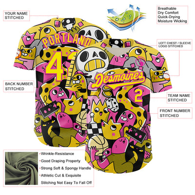 Custom Black Light Yellow-Deep Pink 3D Geo Law Play Time Authentic Baseball Jersey