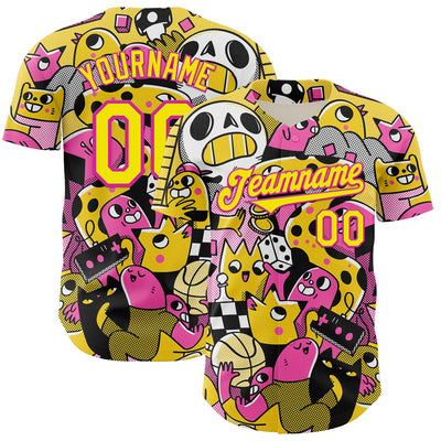 Custom Black Light Yellow-Deep Pink 3D Geo Law Play Time Authentic Baseball Jersey