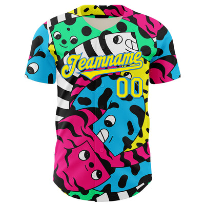 Custom Black Light Yellow-Electric Blue 3D Geo Law Curly Friends Authentic Baseball Jersey