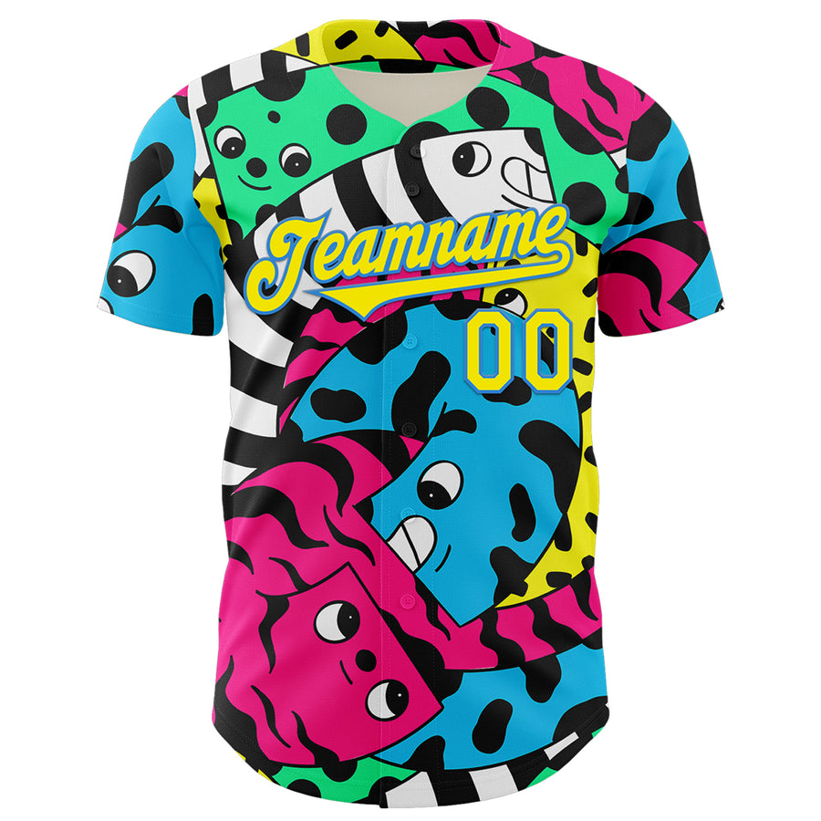 Custom Black Light Yellow-Electric Blue 3D Geo Law Curly Friends Authentic Baseball Jersey