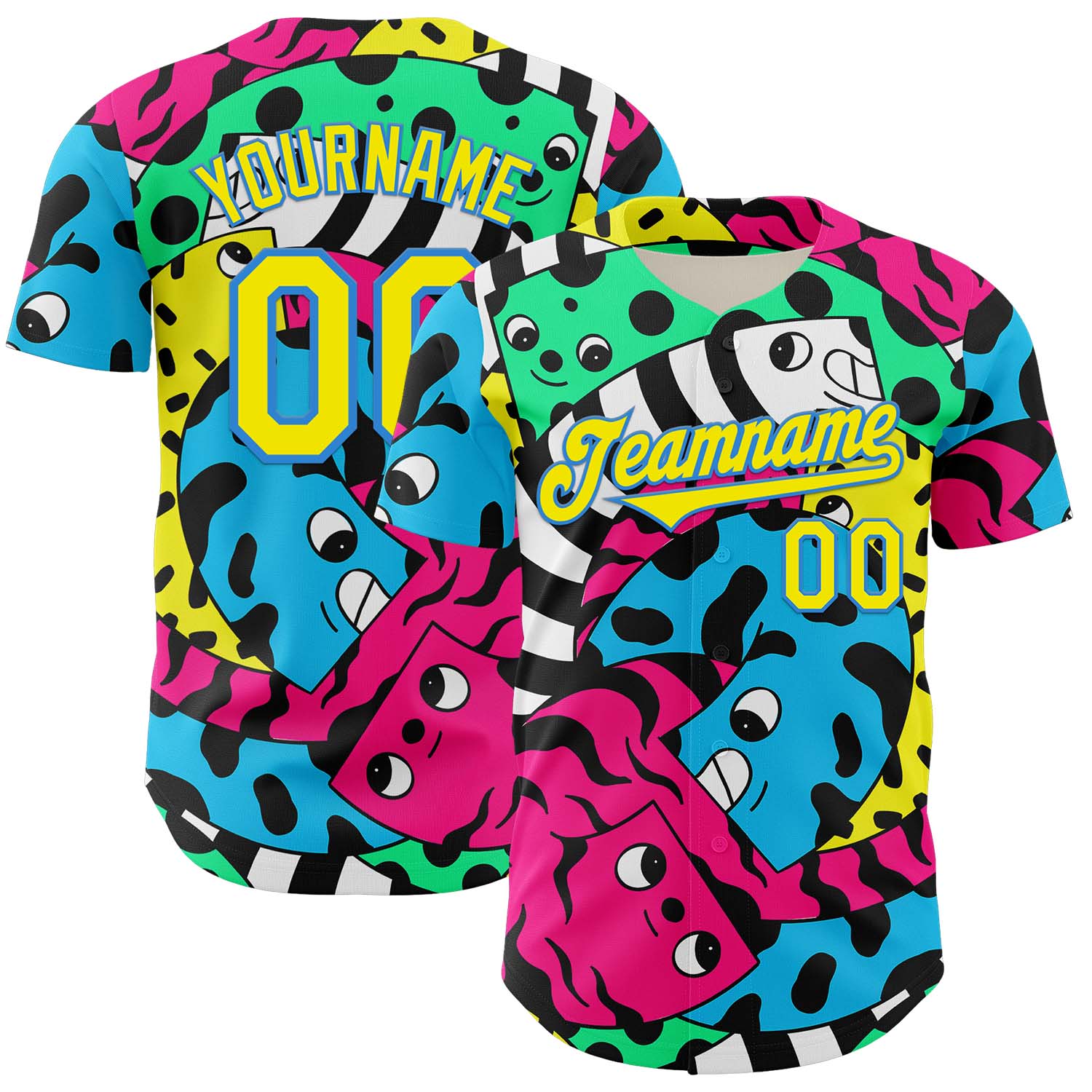 Custom Black Light Yellow-Electric Blue 3D Geo Law Curly Friends Authentic Baseball Jersey