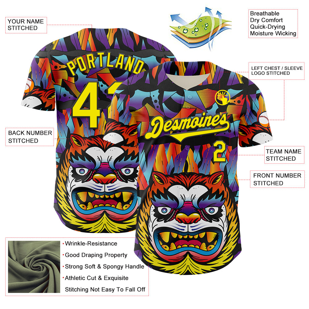 Custom Black Light Yellow 3D Geo Law Tiger Mask Authentic Baseball Jersey