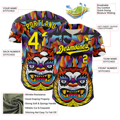 Custom Black Light Yellow 3D Geo Law Tiger Mask Authentic Baseball Jersey
