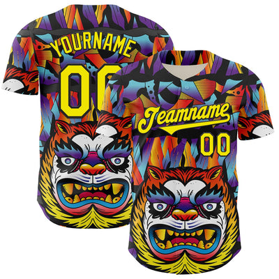 Custom Black Light Yellow 3D Geo Law Tiger Mask Authentic Baseball Jersey