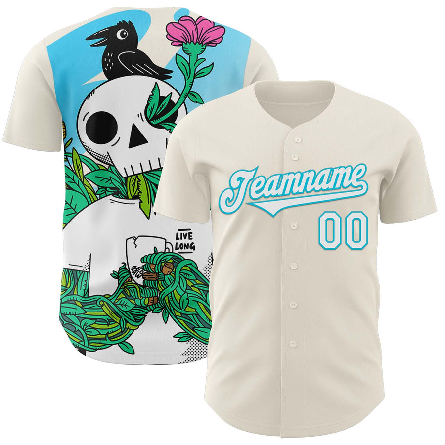 Custom Cream White-Lakes Blue 3D Geo Law Live Long Authentic Baseball Jersey