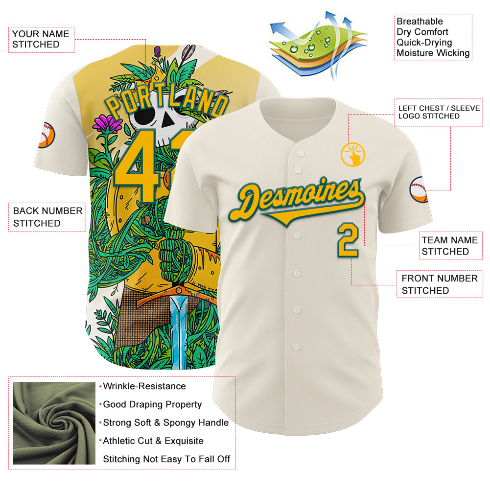 Custom Cream Gold-Midnight Green 3D Geo Law Long Live The King Authentic Baseball Jersey