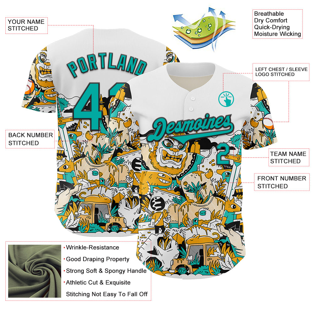 Custom White Aqua-Black 3D Geo Law Monsters Home Authentic Baseball Jersey