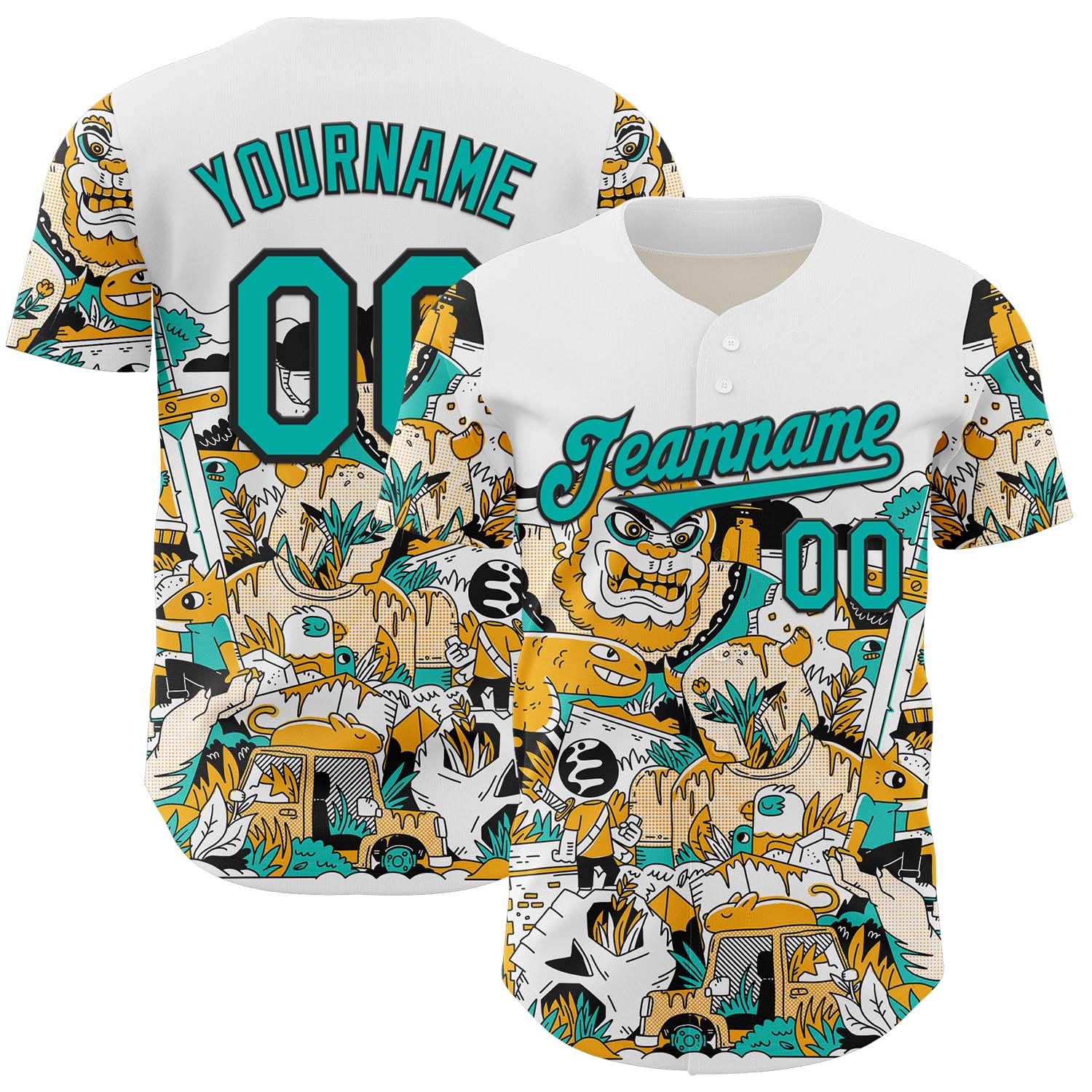 Custom White Aqua-Black 3D Geo Law Monsters Home Authentic Baseball Jersey