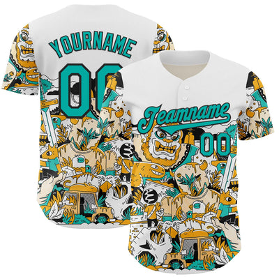 Custom White Aqua-Black 3D Geo Law Monsters Home Authentic Baseball Jersey