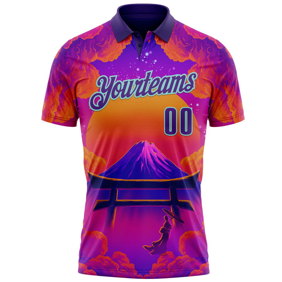 Custom Purple Orange-Ice Blue 3D Syntetyc Tori And Geisha Performance Polo Shirt