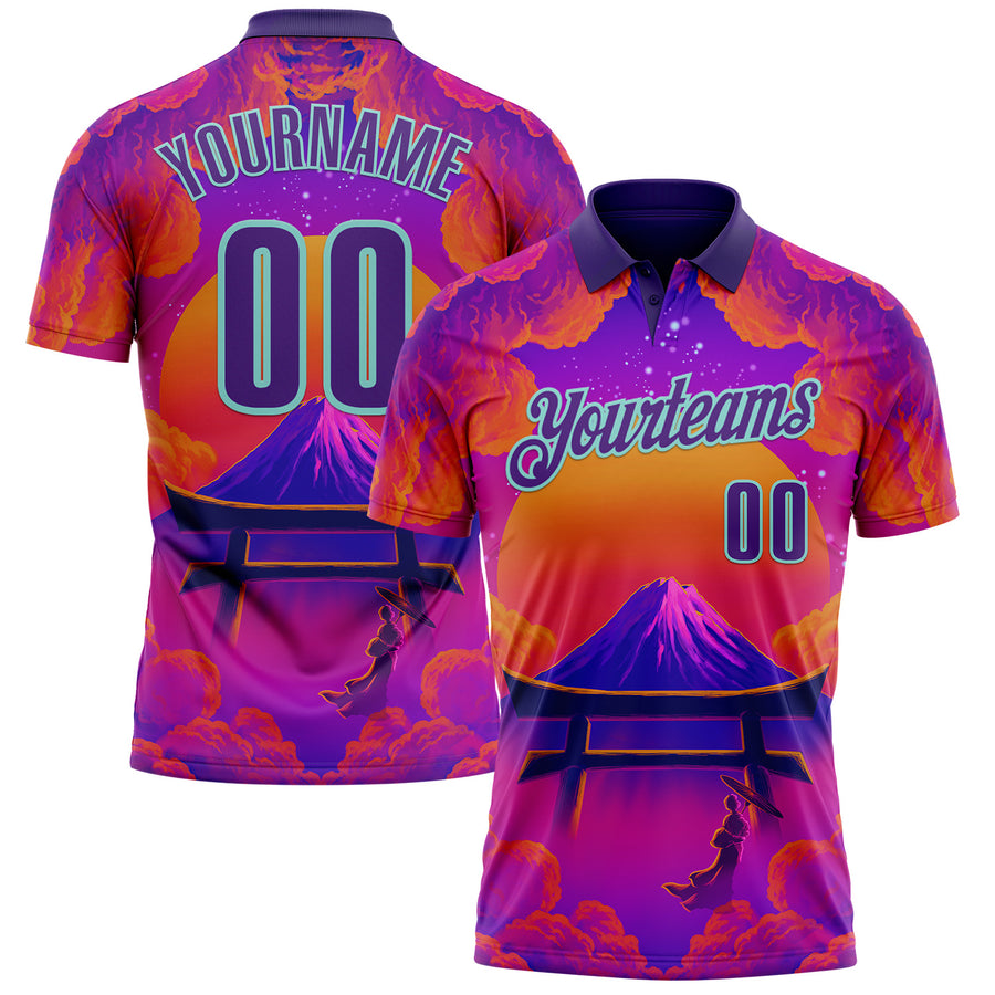 Custom Purple Orange-Ice Blue 3D Syntetyc Tori And Geisha Performance Polo Shirt