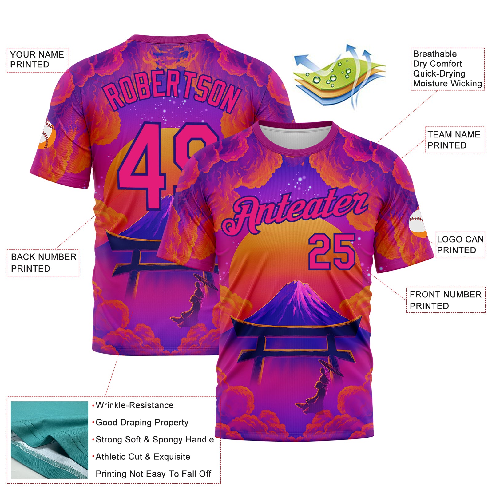 Custom Purple Hot Pink Orange-Dark Purple 3D Syntetyc Tori And Geisha Performance T-Shirt