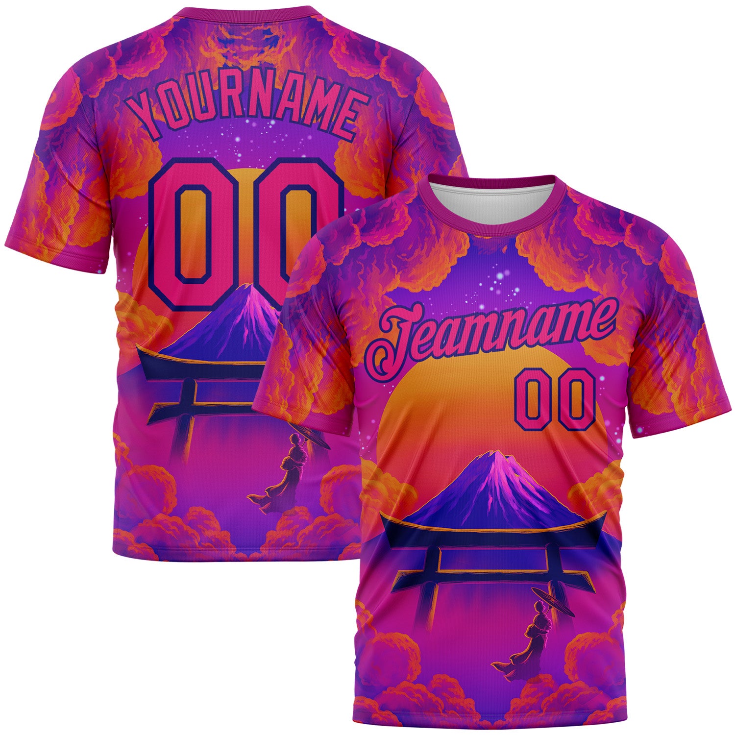 Custom Purple Hot Pink Orange-Dark Purple 3D Syntetyc Tori And Geisha Performance T-Shirt