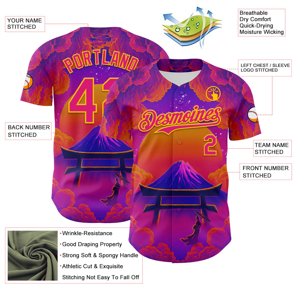 Custom Purple Deep Pink Orange-Yellow 3D Syntetyc Tori And Geisha Authentic Baseball Jersey