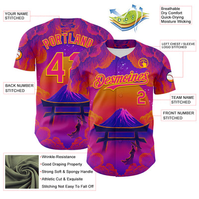 Custom Purple Deep Pink Orange-Yellow 3D Syntetyc Tori And Geisha Authentic Baseball Jersey
