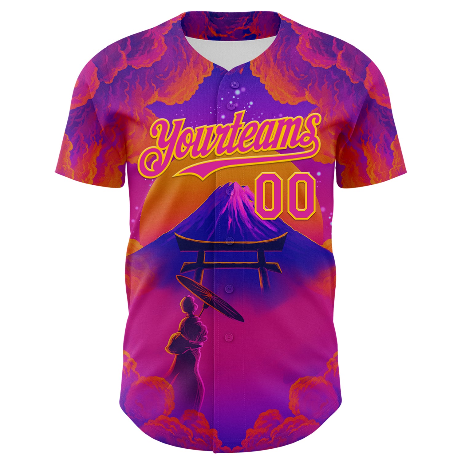 Custom Purple Deep Pink Orange-Yellow 3D Syntetyc Tori And Geisha Authentic Baseball Jersey