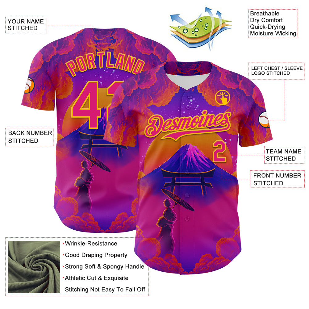 Custom Purple Deep Pink Orange-Yellow 3D Syntetyc Tori And Geisha Authentic Baseball Jersey