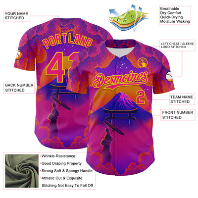 Custom Purple Deep Pink Orange-Yellow 3D Syntetyc Tori And Geisha Authentic Baseball Jersey