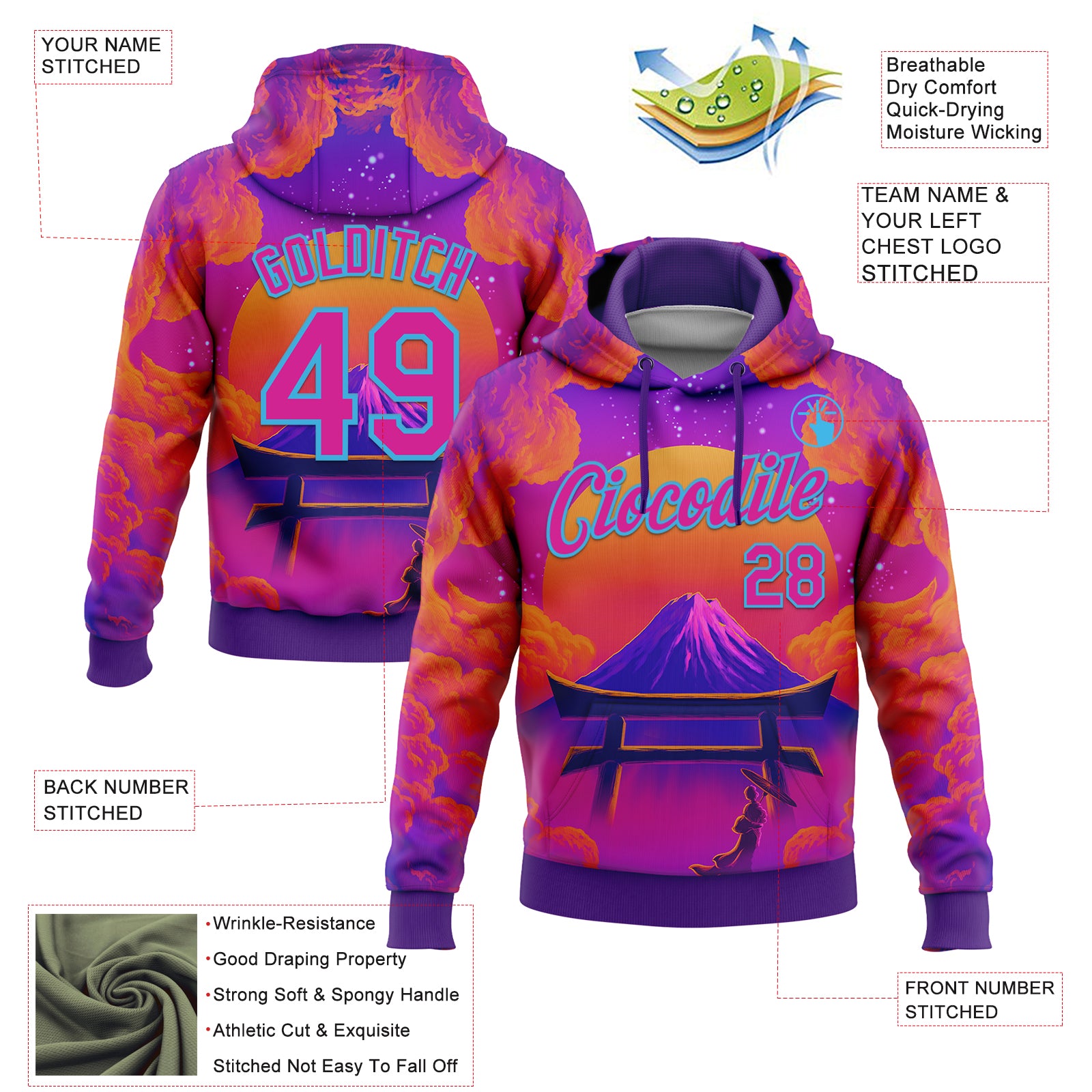 Custom Stitched Purple Deep Pink Orange-Sky Blue 3D Syntetyc Tori And Geisha Sports Pullover Sweatshirt Hoodie