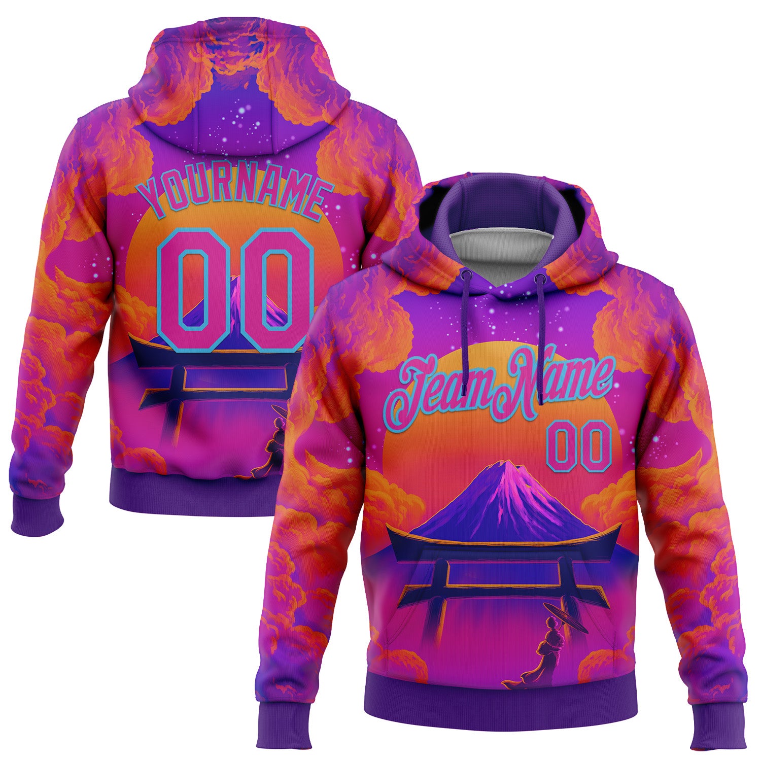 Custom Stitched Purple Deep Pink Orange-Sky Blue 3D Syntetyc Tori And Geisha Sports Pullover Sweatshirt Hoodie