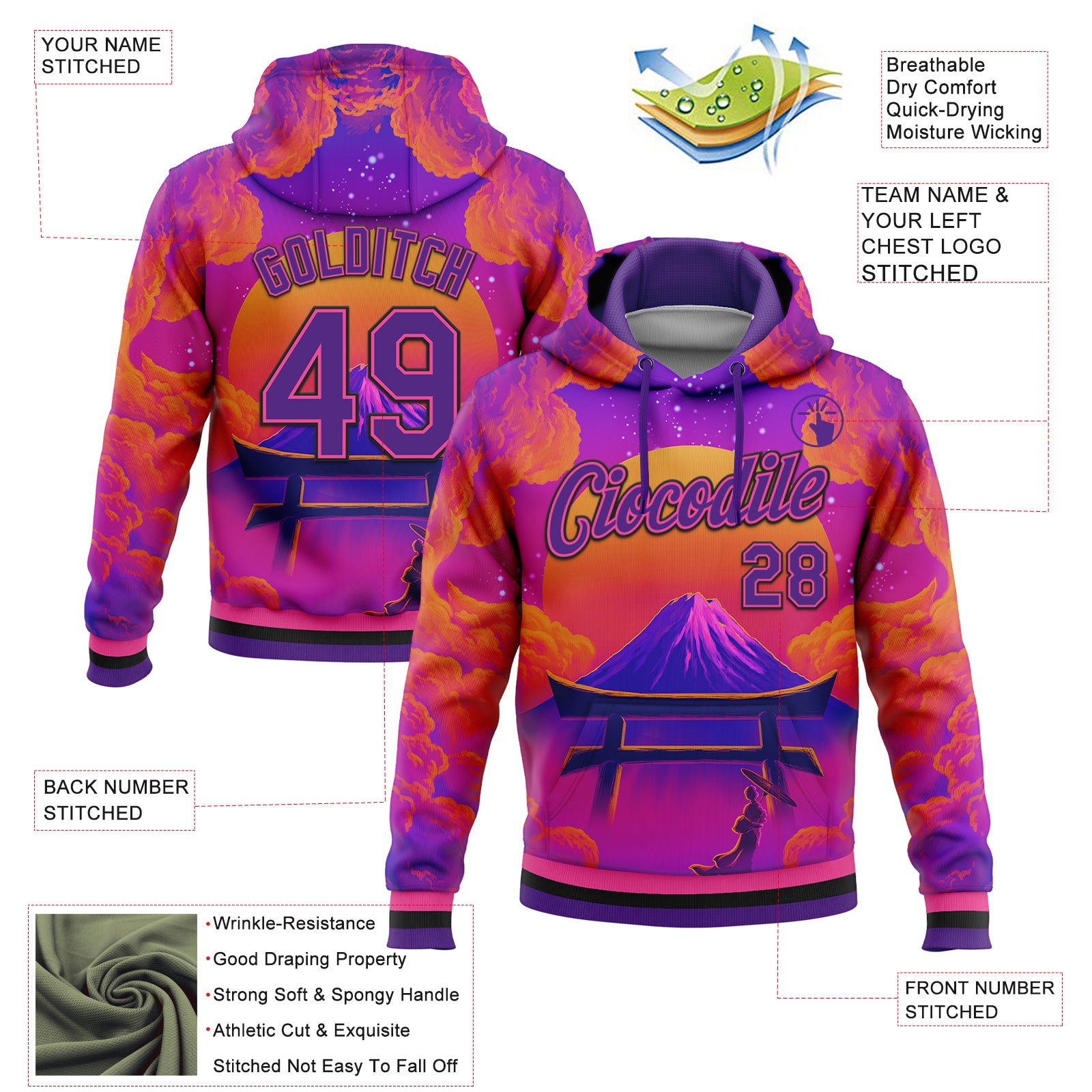 Custom Stitched Purple Orange Pink-Black 3D Syntetyc Tori And Geisha Sports Pullover Sweatshirt Hoodie