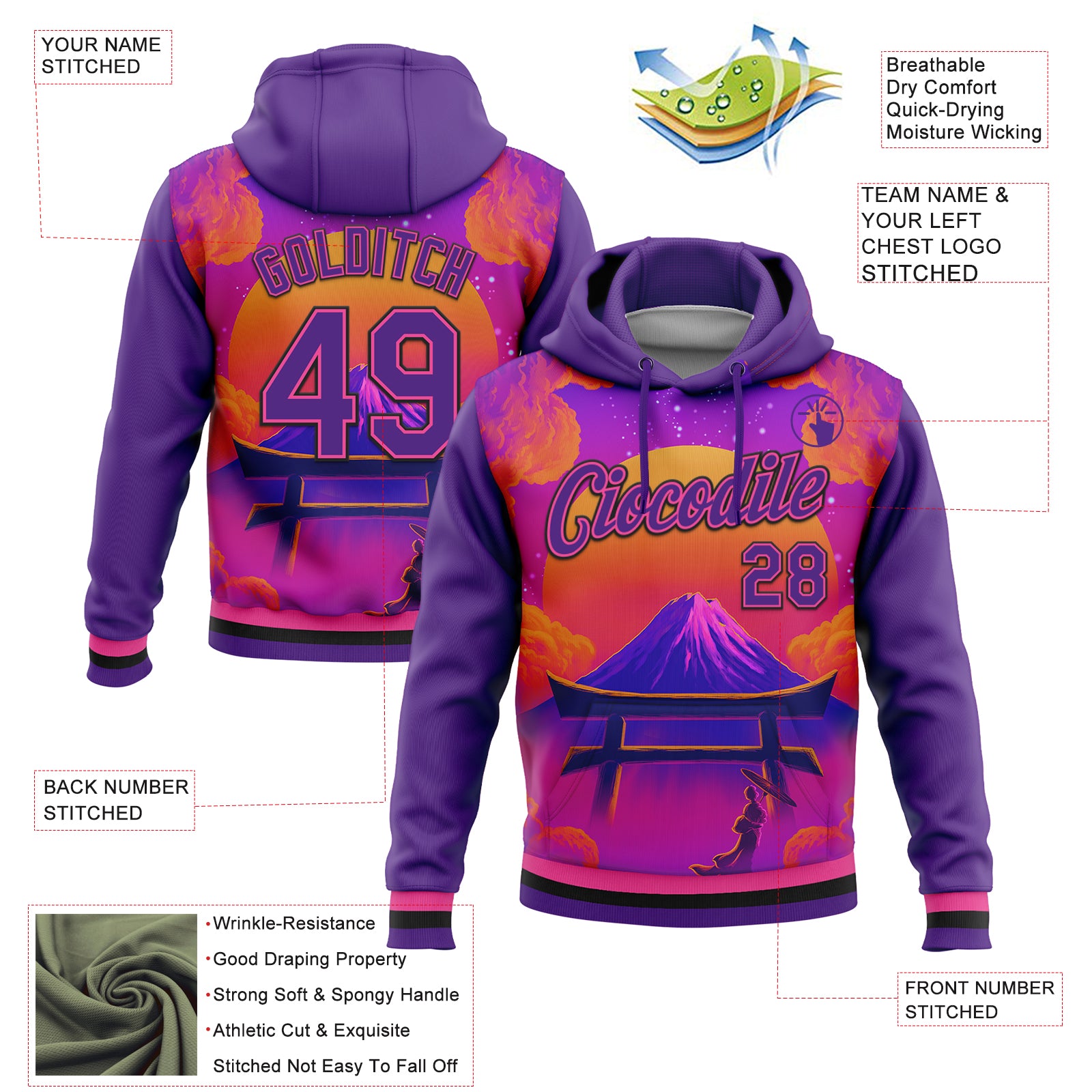 Custom Stitched Purple Orange Pink-Black 3D Syntetyc Tori And Geisha Sports Pullover Sweatshirt Hoodie