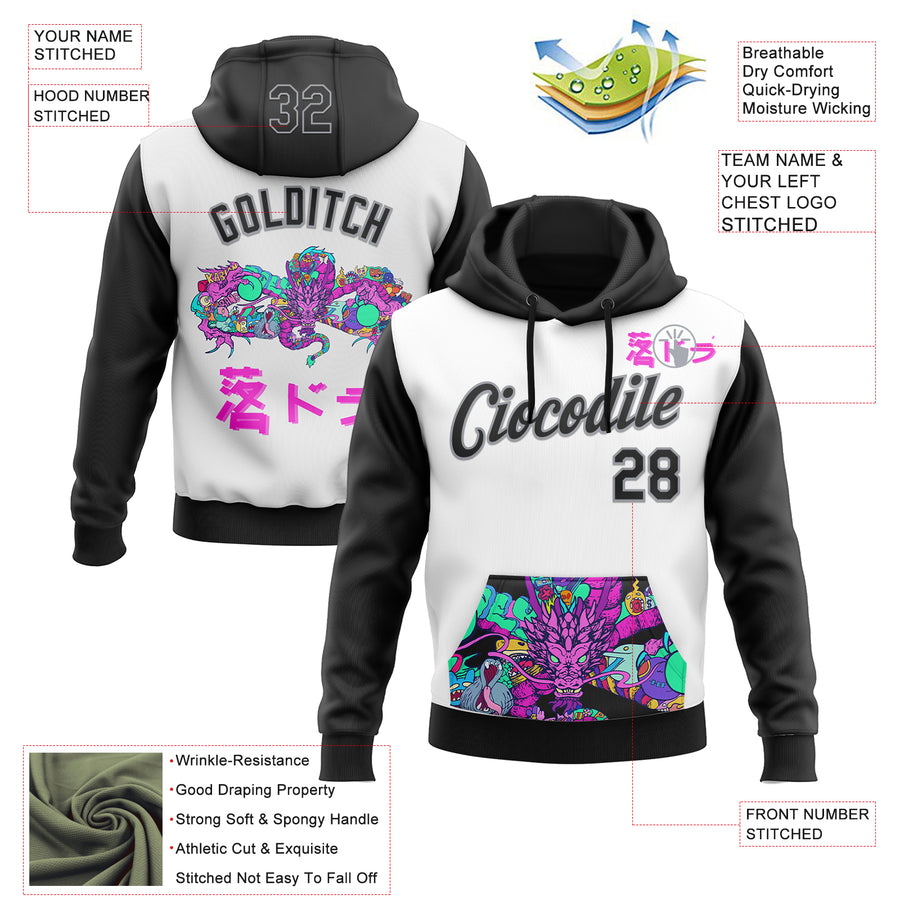 Custom Stitched White Black-Gray 3D Vaunsart Artval Dragon Sports Pullover Sweatshirt Hoodie