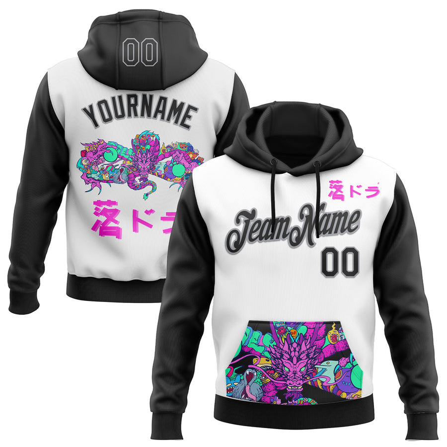 Custom Stitched White Black-Gray 3D Vaunsart Artval Dragon Sports Pullover Sweatshirt Hoodie