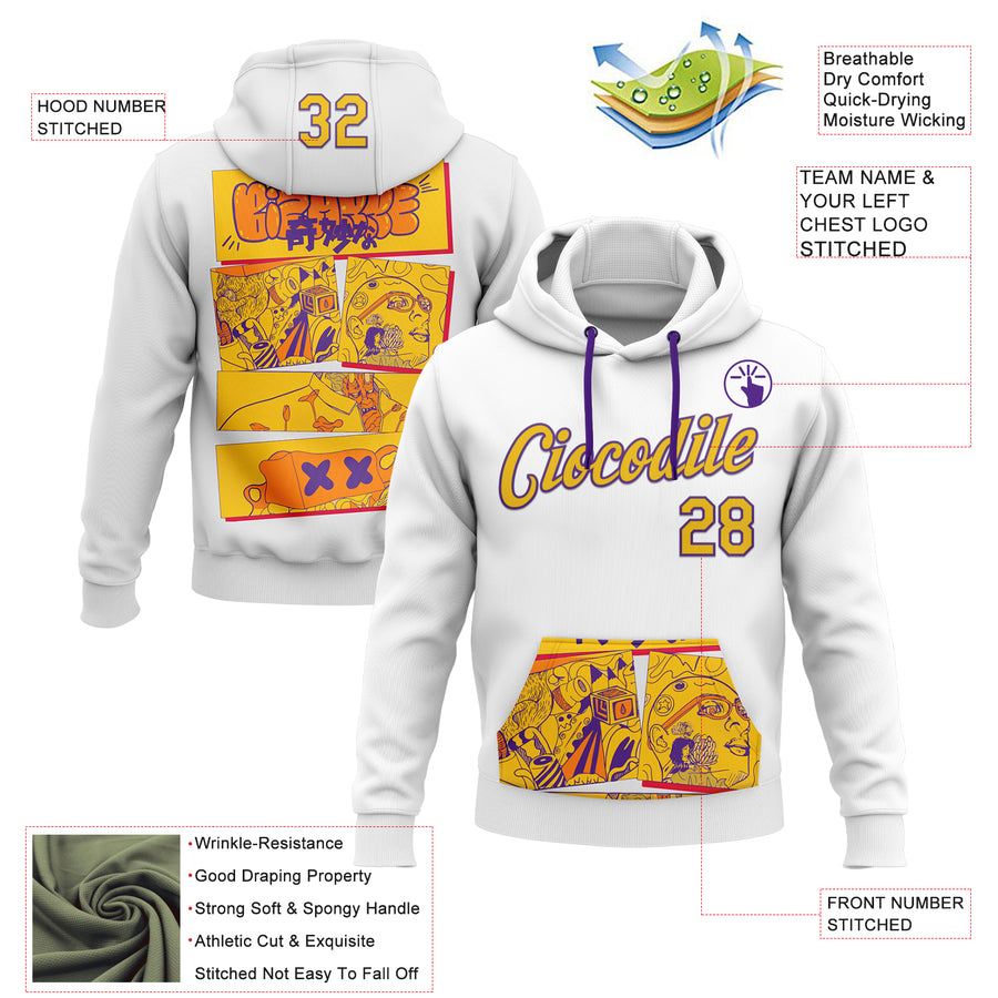 Custom Stitched White Yellow-Purple 3D Vaunsart Bizzare Sports Pullover Sweatshirt Hoodie