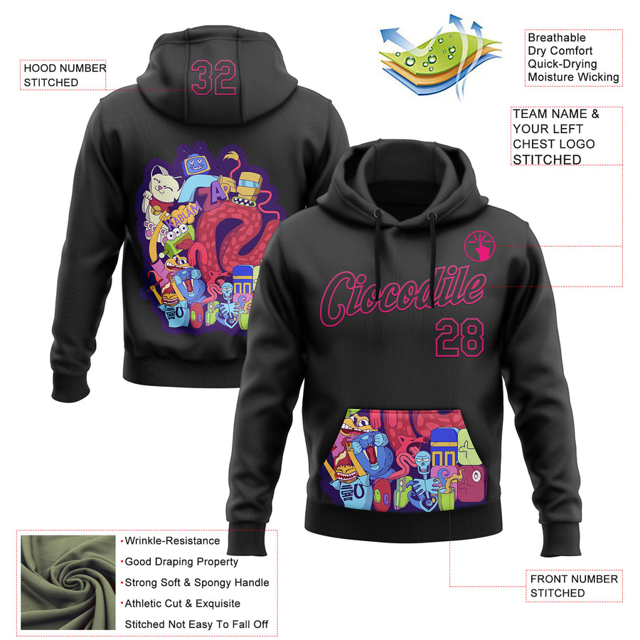 Custom Stitched Black Hot Pink 3D Vaunsart Messy Party Sports Pullover Sweatshirt Hoodie