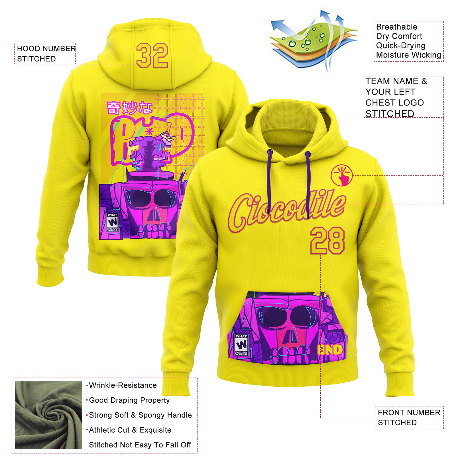 Custom Stitched Light Yellow Hot Pink 3D Vaunsart Radio Active Sports Pullover Sweatshirt Hoodie