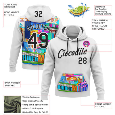 Custom Stitched White Black 3D Vaunsart City Life Sports Pullover Sweatshirt Hoodie