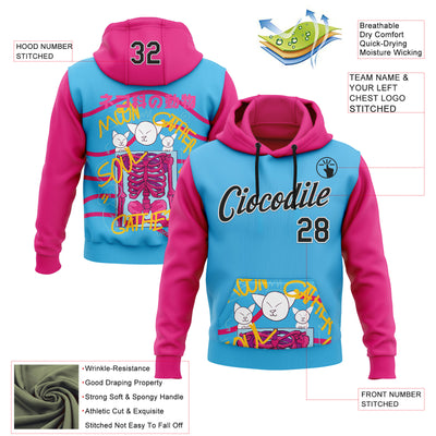 Custom Stitched Sky Blue Black Hot Pink-White 3D Vaunsart Skelacat Sports Pullover Sweatshirt Hoodie