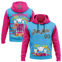 Custom Stitched Sky Blue Black Hot Pink-White 3D Vaunsart Skelacat Sports Pullover Sweatshirt Hoodie