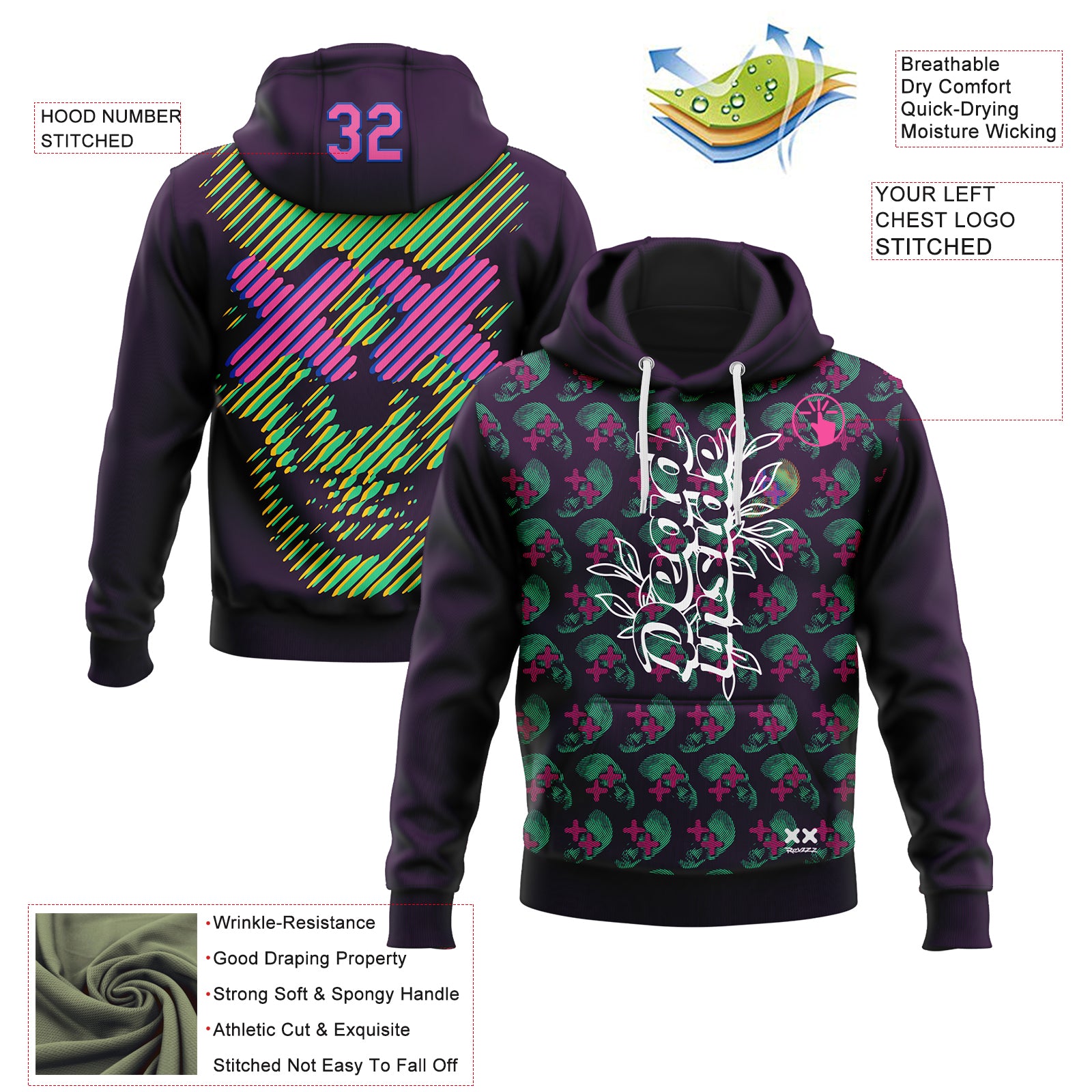 Custom Stitched Purple Pink-Thunder Blue 3D Revzzz Pretty And Dead Skull Sports Pullover Sweatshirt Hoodie