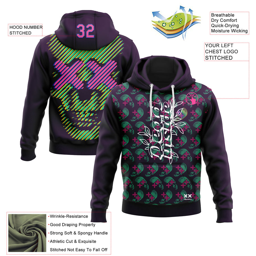 Custom Stitched Purple Pink-Thunder Blue 3D Revzzz Pretty And Dead Skull Sports Pullover Sweatshirt Hoodie