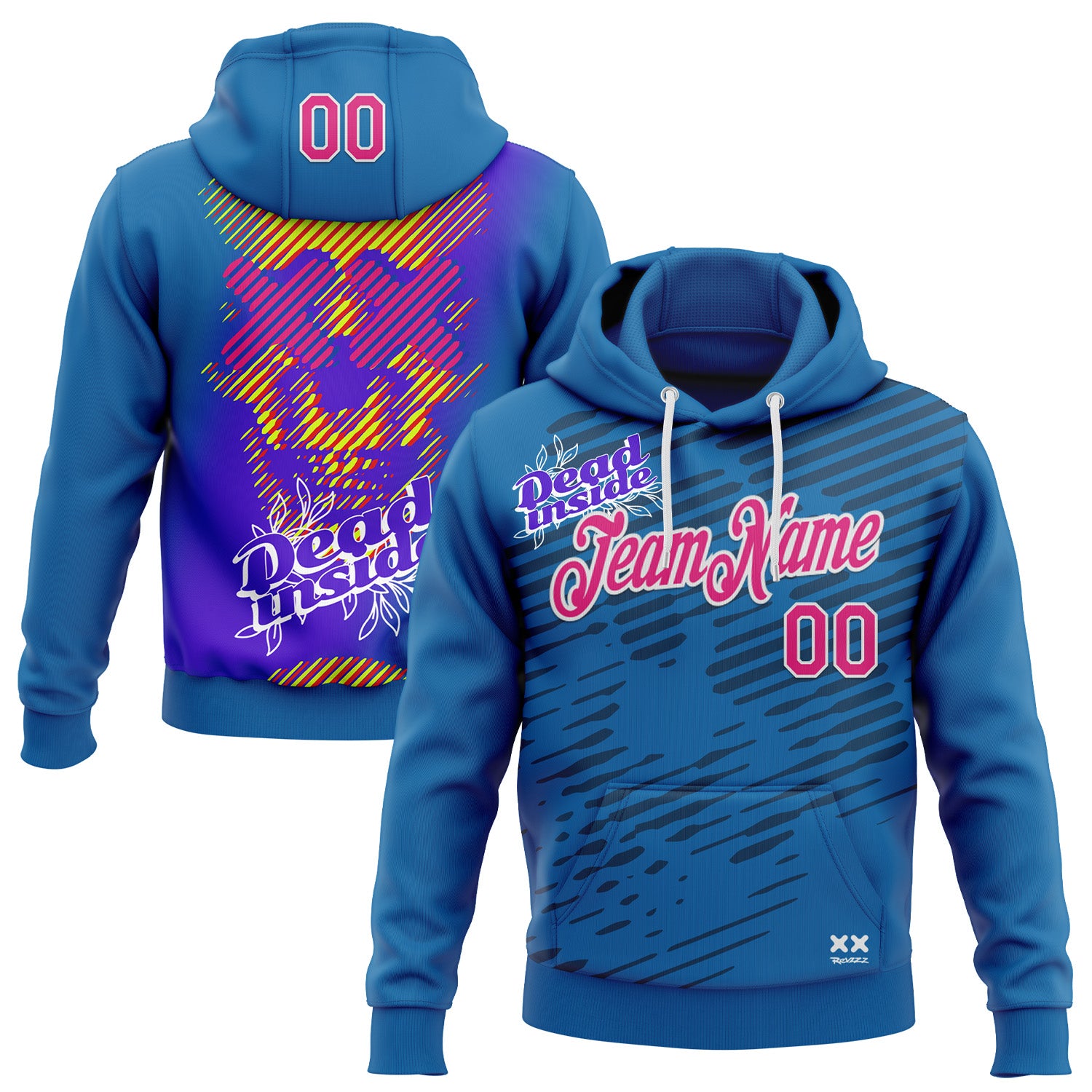 Custom Stitched Blue Hot Pink-White 3D Revzzz Dead Inside Skull Sports Pullover Sweatshirt Hoodie