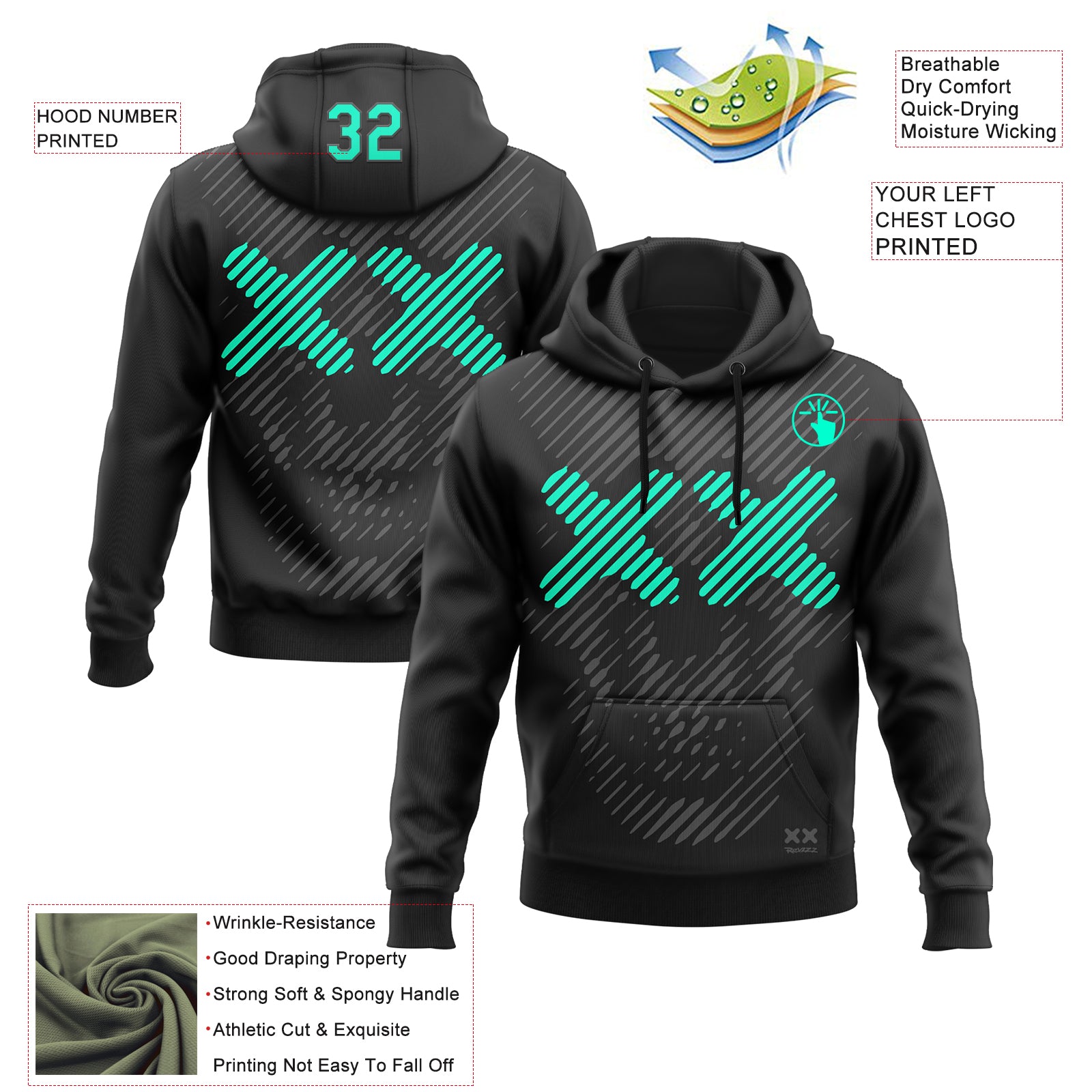 Custom Stitched Black Green-Gray 3D Revzzz Minty Death Skull Sports Pullover Sweatshirt Hoodie