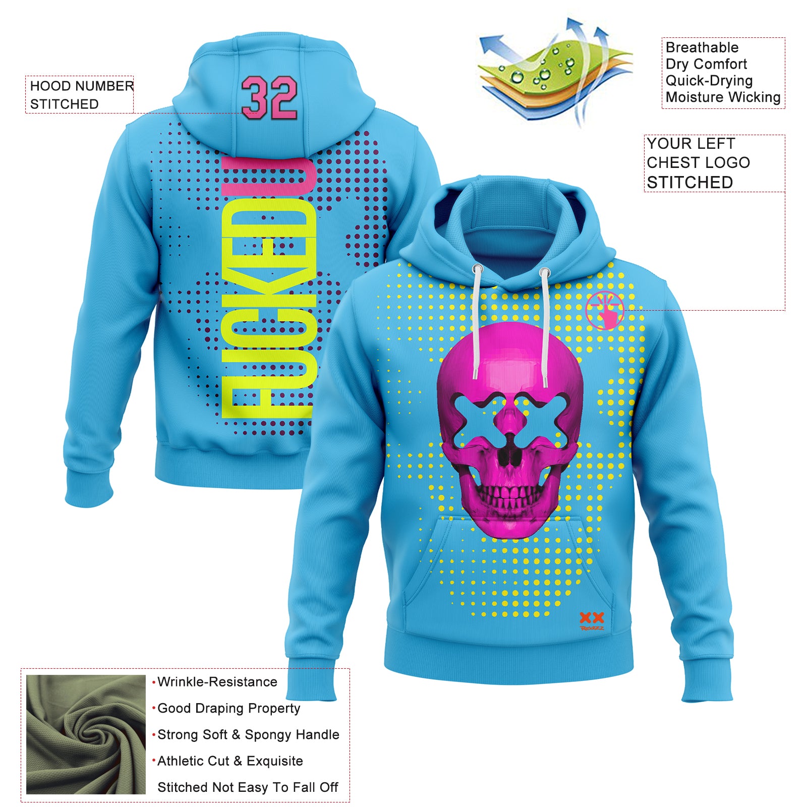 Custom Stitched Sky Blue Pink-Black 3D Revzzz Fuckedup Rendered Skull Sports Pullover Sweatshirt Hoodie