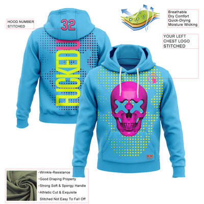 Custom Stitched Sky Blue Pink-Black 3D Revzzz Fuckedup Rendered Skull Sports Pullover Sweatshirt Hoodie