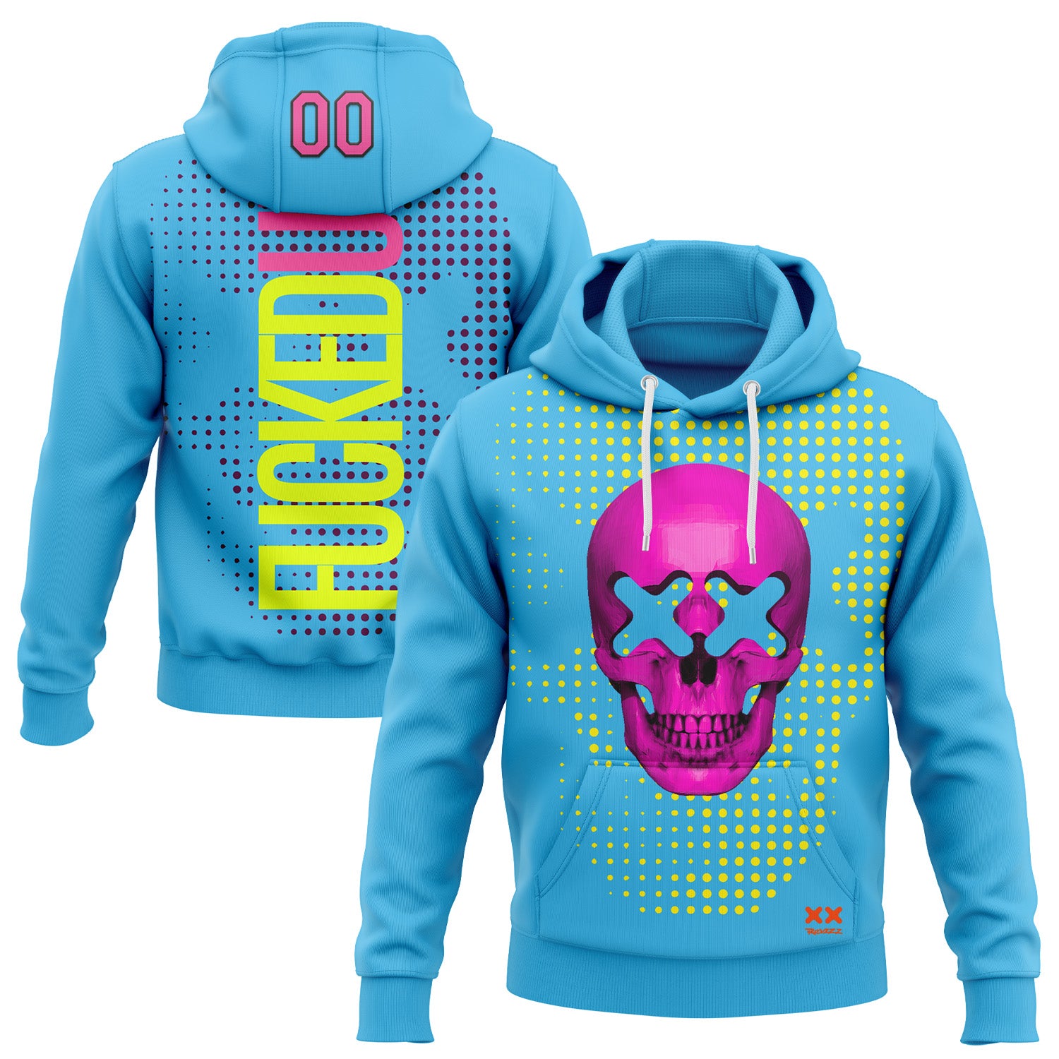 Custom Stitched Sky Blue Pink-Black 3D Revzzz Fuckedup Rendered Skull Sports Pullover Sweatshirt Hoodie