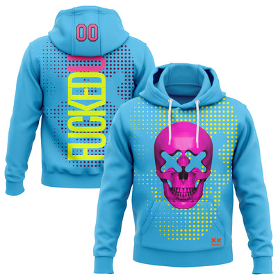 Custom Stitched Sky Blue Pink-Black 3D Revzzz Fuckedup Rendered Skull Sports Pullover Sweatshirt Hoodie