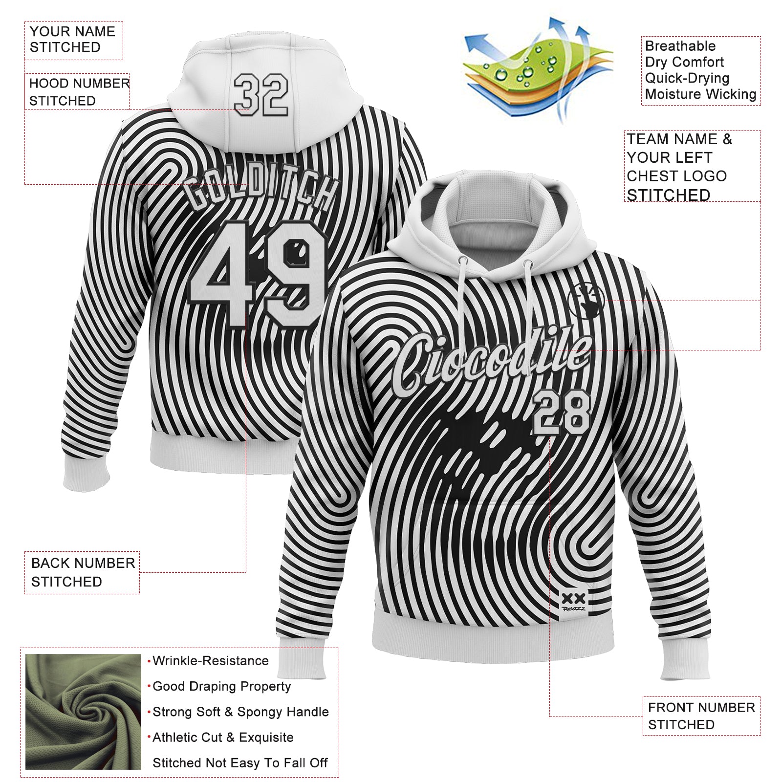 Custom Stitched White Black 3D Revzzz Halftone Death Skull Sports Pullover Sweatshirt Hoodie