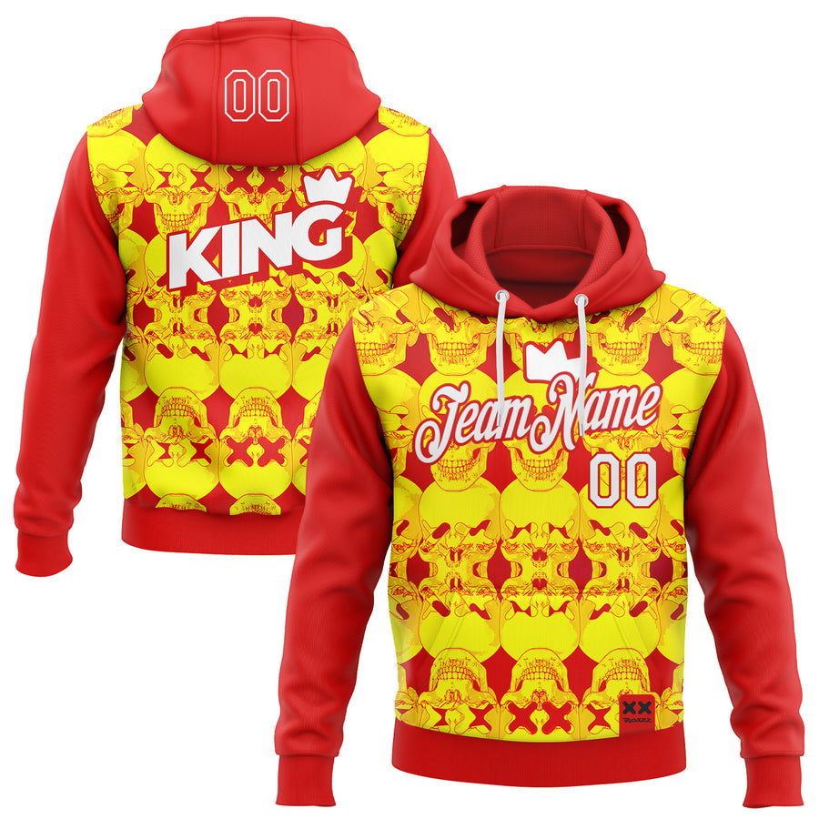 Custom Stitched Red White 3D Revzzz Tha King Skull Sports Pullover Sweatshirt Hoodie