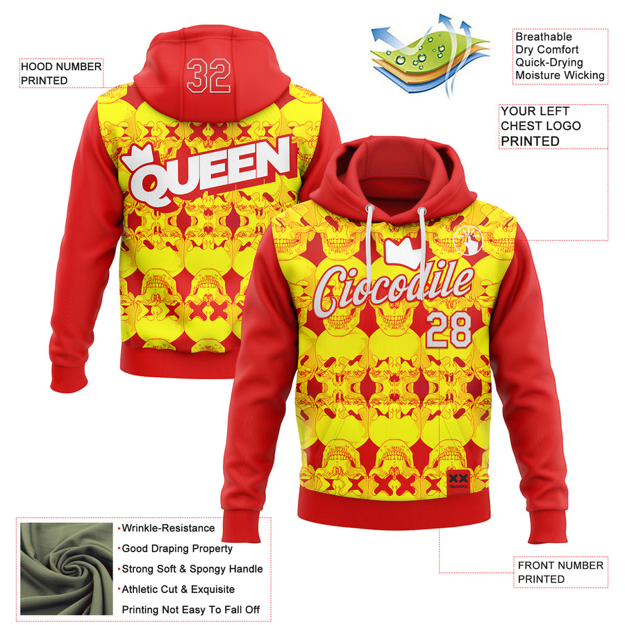 Custom Stitched Red White 3D Revzzz Tha Queen Skull Sports Pullover Sweatshirt Hoodie