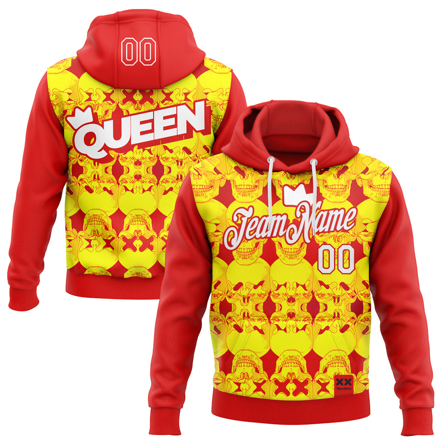 Custom Stitched Red White 3D Revzzz Tha Queen Skull Sports Pullover Sweatshirt Hoodie